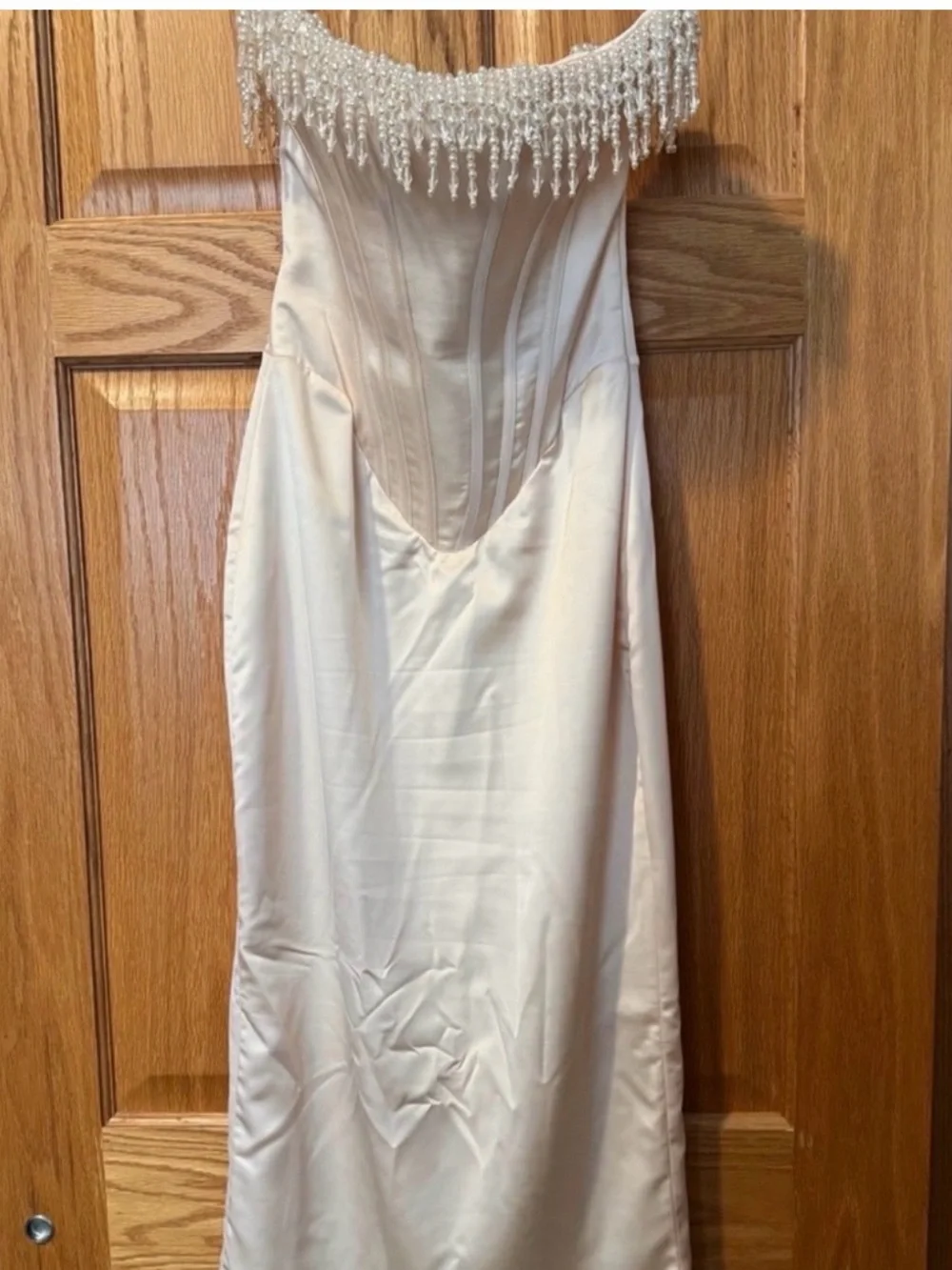 House of CB Ivory Strapless Pearl-Trim Midi Dress - Picture 3 of 7